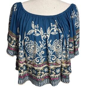 Natural Life On Off Shoulder Crop Top Floral Womens XL Blue Boho Indie Peasant